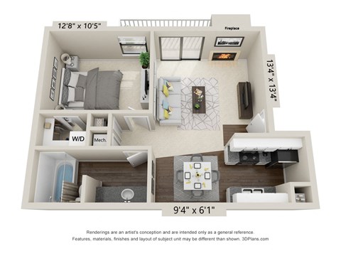 Floor plan for 1 bed, 1 bath, 650 sqft